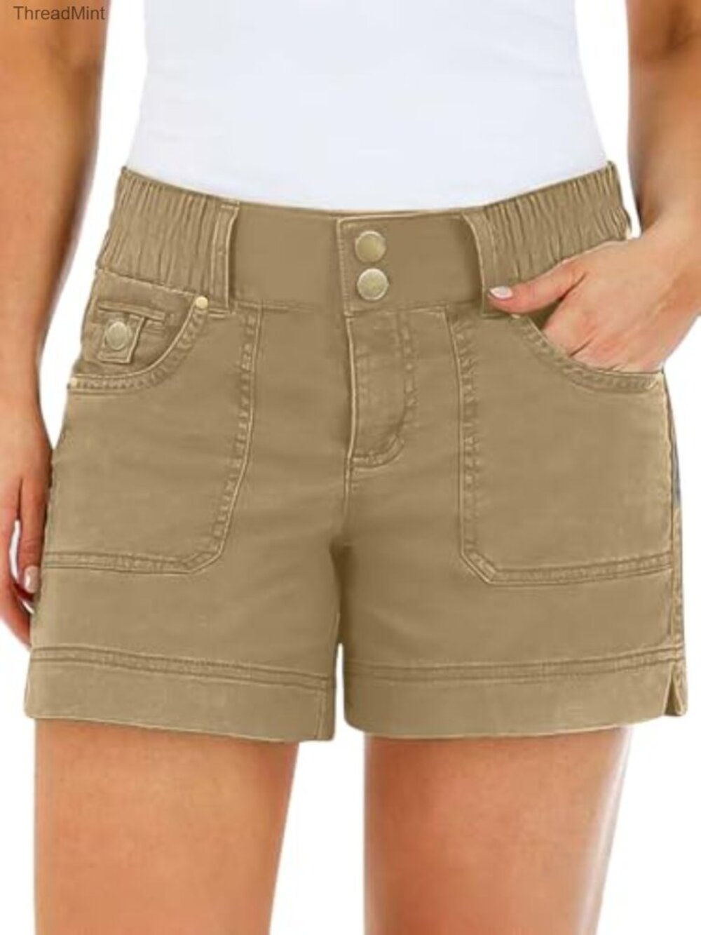 Womens Mid Waist Casual Shorts with Flap Pockets, Split Side, Cotton Spandex